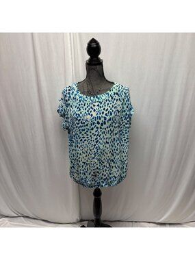 ANA Blue Leopard Print Short Sleeve Blouse Womens Sz Large Lightweight Sheer Top